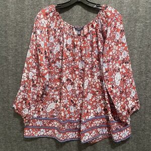 Chaps Top Womens XL Red Blue Floral Boho Peasant Cottagecore Flowy Casual Blouse